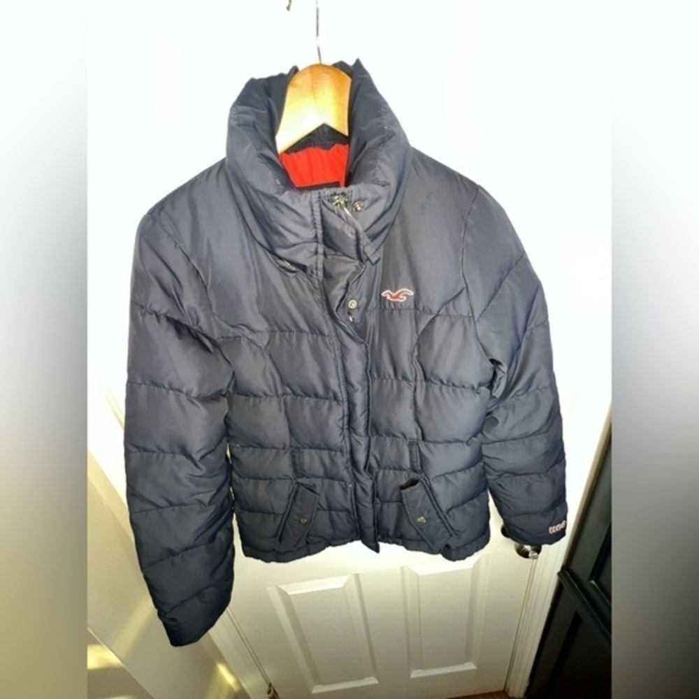 Hollister Women’s Small Navy Blue Logo Down Puffer Jacket Coat Y2K S FLAW